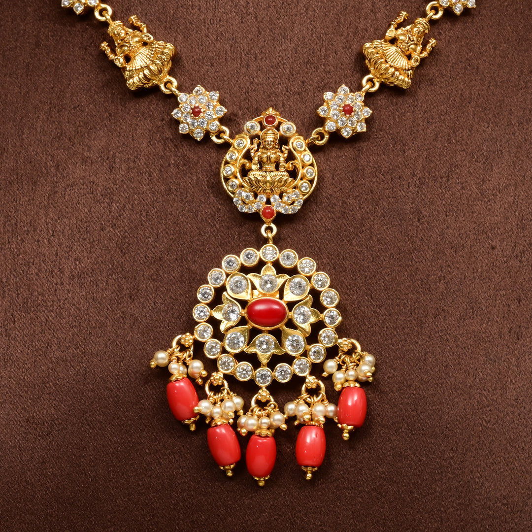 Traditional 92.5 silver temple necklace with Lakshmi motifs, CZ stone detailing, and intricate heritage craftsmanship by Sri Fine Jewellery Hyderabad (https://srifinejewellery.com)