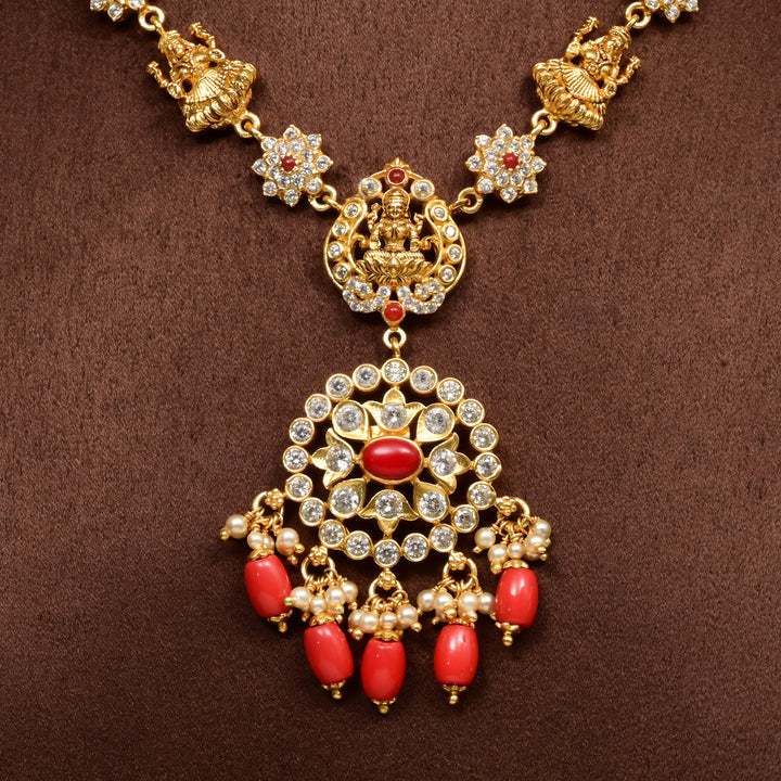 Traditional 92.5 silver temple necklace with Lakshmi motifs, CZ stone detailing, and intricate heritage craftsmanship by Sri Fine Jewellery Hyderabad (https://srifinejewellery.com)