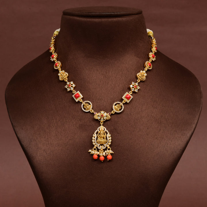 Traditional 92.5 silver temple necklace with Lakshmi motifs, ruby stone detailing, and intricate heritage craftsmanship by Sri Fine Jewellery Hyderabad (https://srifinejewellery.com)