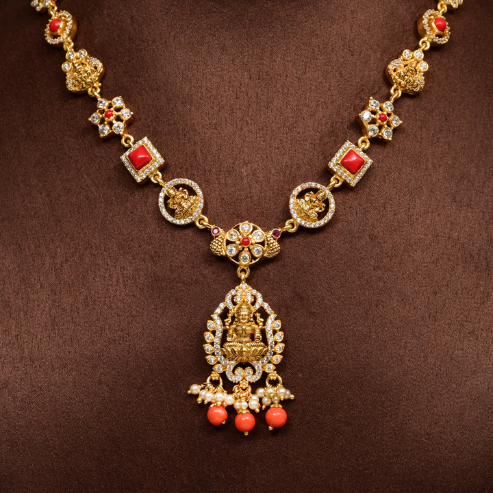 Traditional 92.5 silver temple necklace with Lakshmi motifs, ruby stone detailing, and intricate heritage craftsmanship by Sri Fine Jewellery Hyderabad (https://srifinejewellery.com)