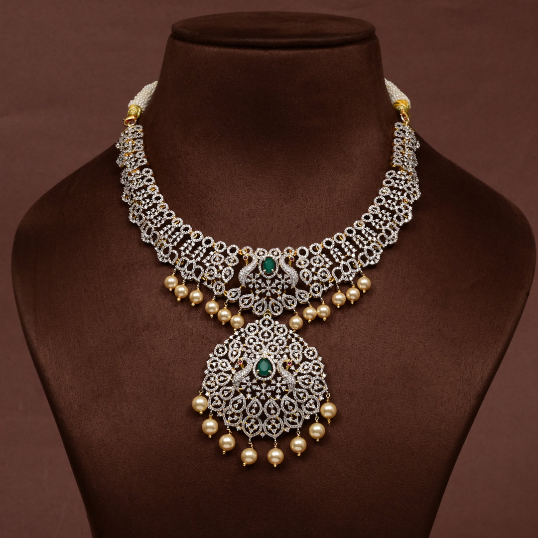 Hriday collection of  92.5 silver short necklace with CZ stones, intricate floral motifs, and pendant design for bridal and festive wear by Sri Fine Jewellery, Hyderabad