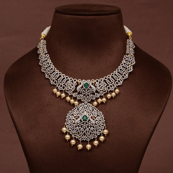 Hriday collection of  92.5 silver short necklace with CZ stones, intricate floral motifs, and pendant design for bridal and festive wear by Sri Fine Jewellery, Hyderabad