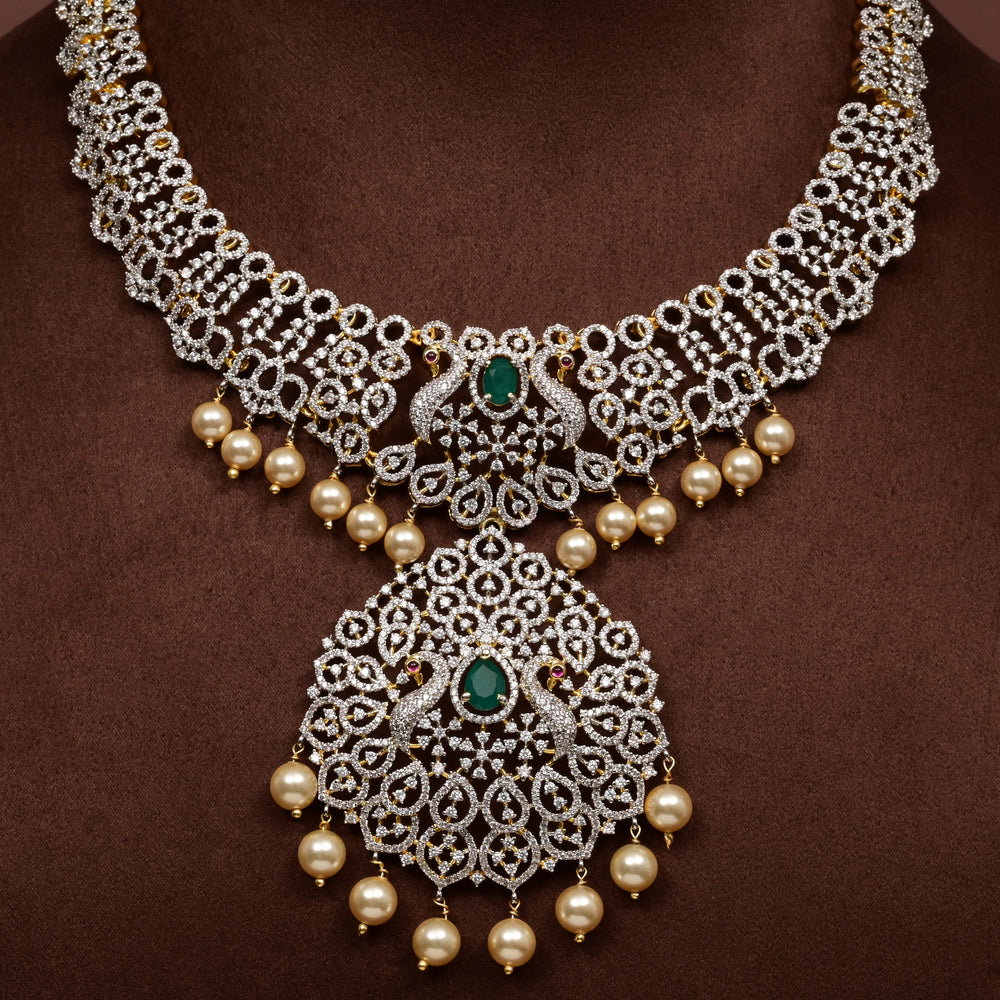 Close-up of Hriday collection of  92.5 silver short necklace with CZ stones, intricate floral motifs, and pendant design for bridal and festive wear by Sri Fine Jewellery, Hyderabad