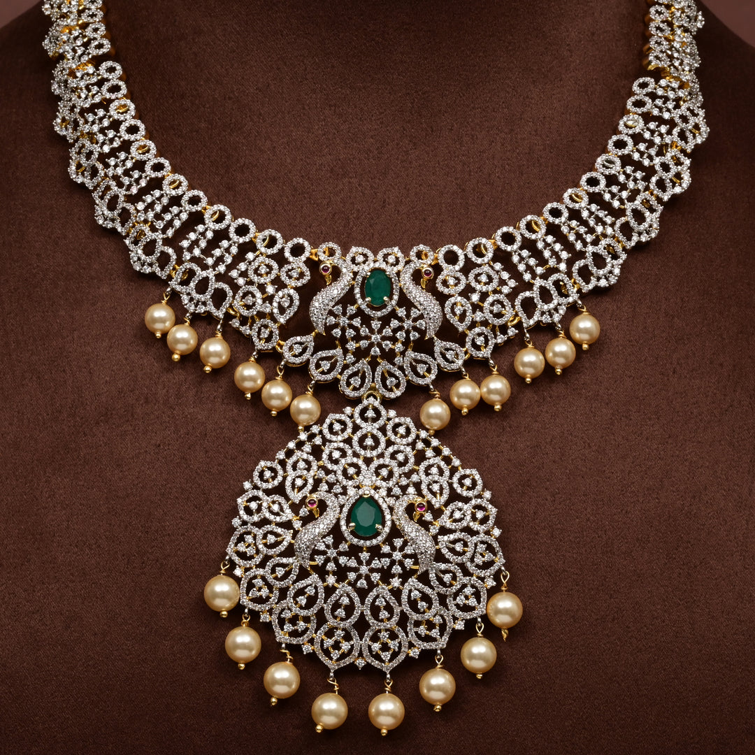 Close-up of Hriday collection of  92.5 silver short necklace with CZ stones, intricate floral motifs, and pendant design for bridal and festive wear by Sri Fine Jewellery, Hyderabad