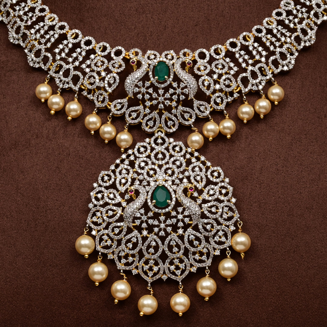 Close-up of Hriday collection of  92.5 silver short necklace with CZ stones, intricate floral motifs, and pendant design for bridal and festive wear by Sri Fine Jewellery, Hyderabad