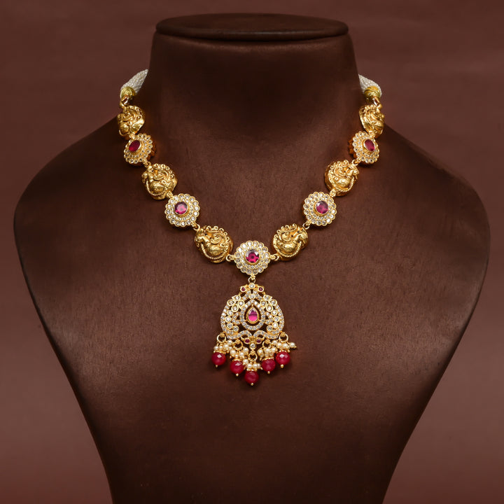 Traditional 92.5 silver temple necklace with peacock motifs, ruby stone detailing, and intricate heritage craftsmanship by Sri Fine Jewellery Hyderabad (https://srifinejewellery.com)