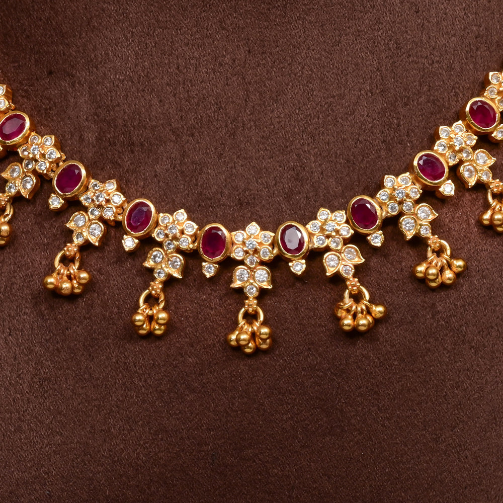 Handcrafted designer 92.5 silver necklace with premium cz embellishments and semi-precious ruby assents, perfect for bridal wear, festive occasions, weddings, and traditional ethnic styling.
Sri Fine Jewellery, Hyderabad 