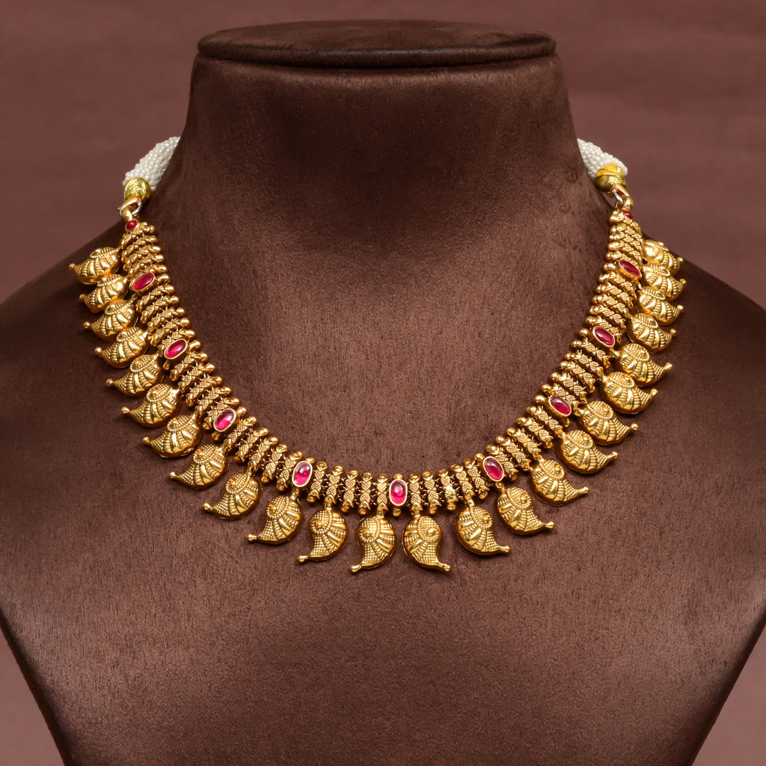 Traditional 92.5 silver temple necklace with mango motifs, ruby stone detailing, and intricate heritage craftsmanship by Sri Fine Jewellery Hyderabad (https://srifinejewellery.com)