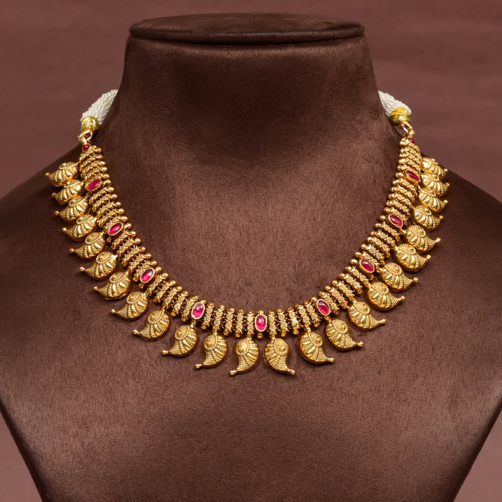 Traditional 92.5 silver temple necklace with mango motifs, ruby stone detailing, and intricate heritage craftsmanship by Sri Fine Jewellery Hyderabad (https://srifinejewellery.com)