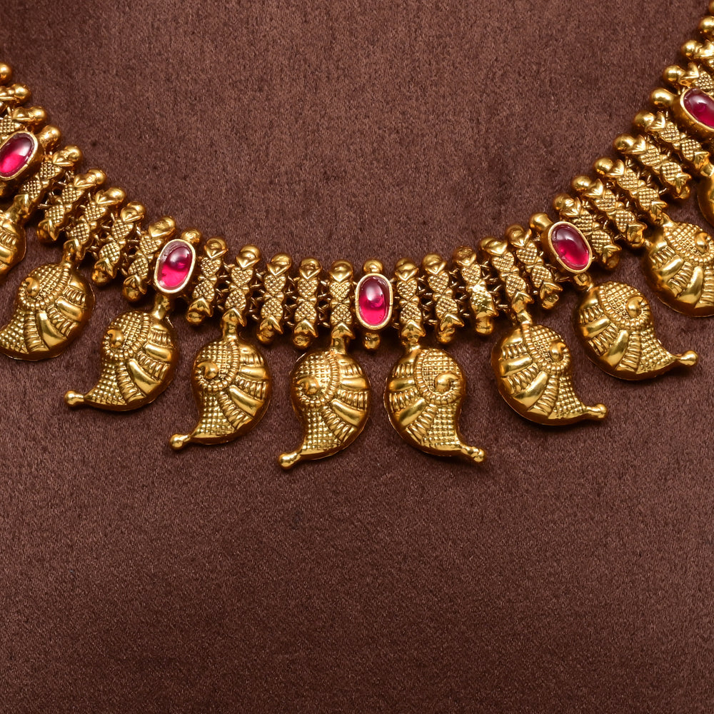 Traditional 92.5 silver temple necklace with mango motifs, ruby stone detailing, and intricate heritage craftsmanship by Sri Fine Jewellery Hyderabad (https://srifinejewellery.com)