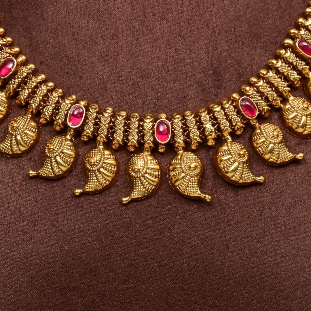 Traditional 92.5 silver temple necklace with mango motifs, ruby stone detailing, and intricate heritage craftsmanship by Sri Fine Jewellery Hyderabad (https://srifinejewellery.com)