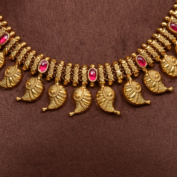 Traditional 92.5 silver temple necklace with mango motifs, ruby stone detailing, and intricate heritage craftsmanship by Sri Fine Jewellery Hyderabad (https://srifinejewellery.com)