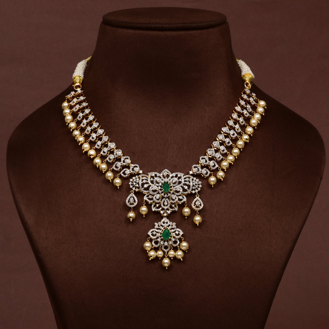 Hriday collection of  92.5 silver short necklace with CZ stones, intricate floral motifs, and pendant design for bridal and festive wear by Sri Fine Jewellery, Hyderabad