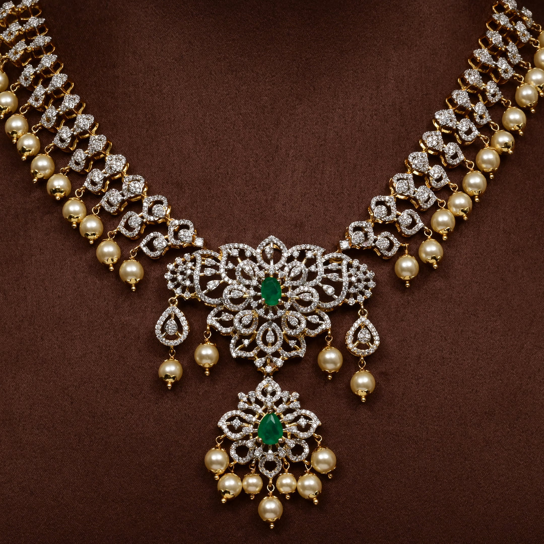 Close-up of Hriday collection of  92.5 silver short necklace with CZ stones, intricate floral motifs, and pendant design for bridal and festive wear by Sri Fine Jewellery, Hyderabad