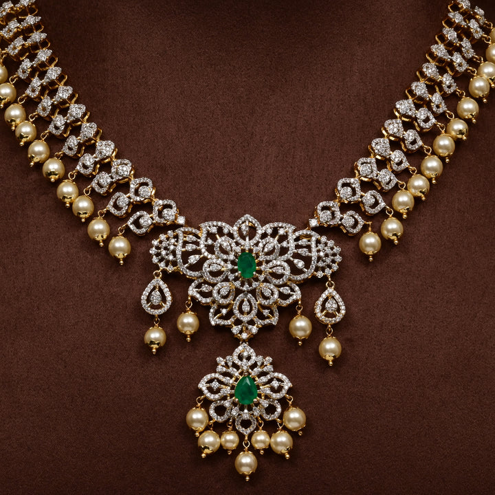 Close-up of Hriday collection of  92.5 silver short necklace with CZ stones, intricate floral motifs, and pendant design for bridal and festive wear by Sri Fine Jewellery, Hyderabad