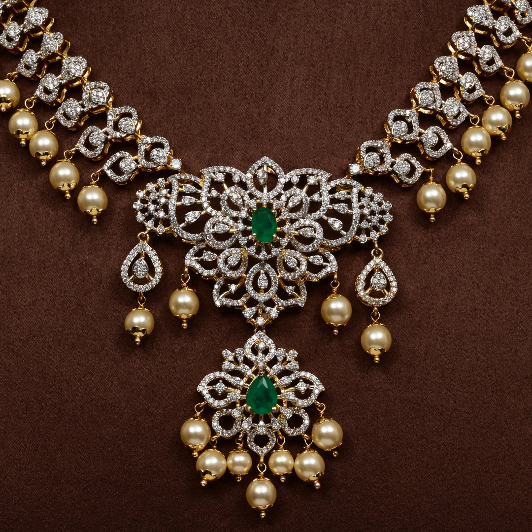 Close-up of Hriday collection of  92.5 silver short necklace with CZ stones, intricate floral motifs, and pendant design for bridal and festive wear by Sri Fine Jewellery, Hyderabad