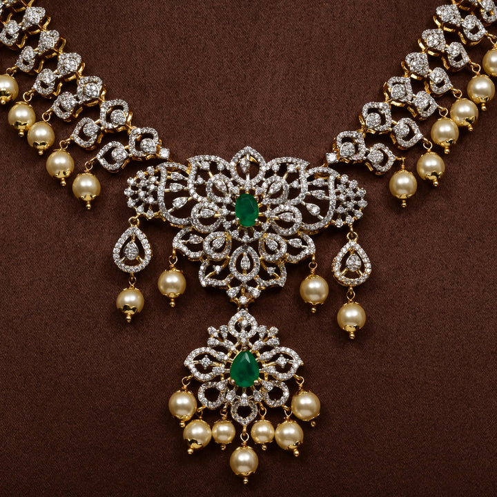 Close-up of Hriday collection of  92.5 silver short necklace with CZ stones, intricate floral motifs, and pendant design for bridal and festive wear by Sri Fine Jewellery, Hyderabad