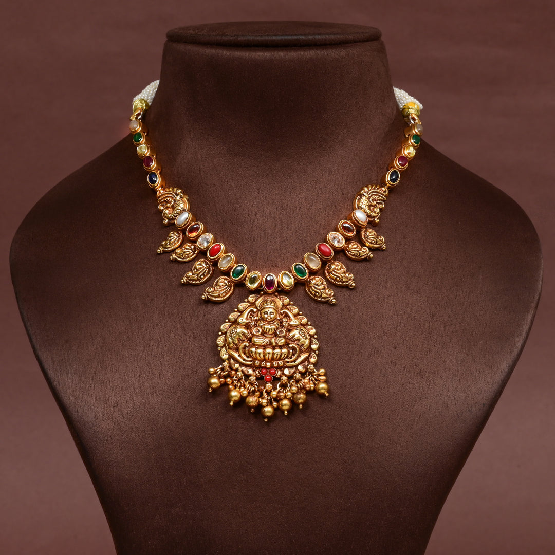 Women's traditional 92.5 silver temple navaratnam necklace with intricate heritage craftsmanship by Sri Fine Jewellery Hyderabad (https://srifinejewellery.com)