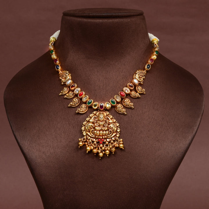 Women's traditional 92.5 silver temple navaratnam necklace with intricate heritage craftsmanship by Sri Fine Jewellery Hyderabad (https://srifinejewellery.com)