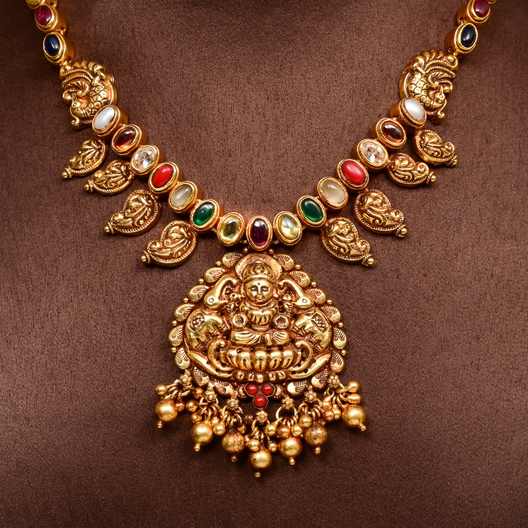 Women's traditional 92.5 silver temple navaratnam necklace with intricate heritage craftsmanship by Sri Fine Jewellery Hyderabad (https://srifinejewellery.com)