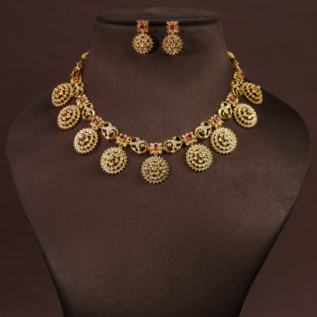 92.5 Sterling Silver CZ Necklace Set with Gold Finish | Premium Traditional Bridal Jewellery by Sri Fine Jewellery, Hyderabad