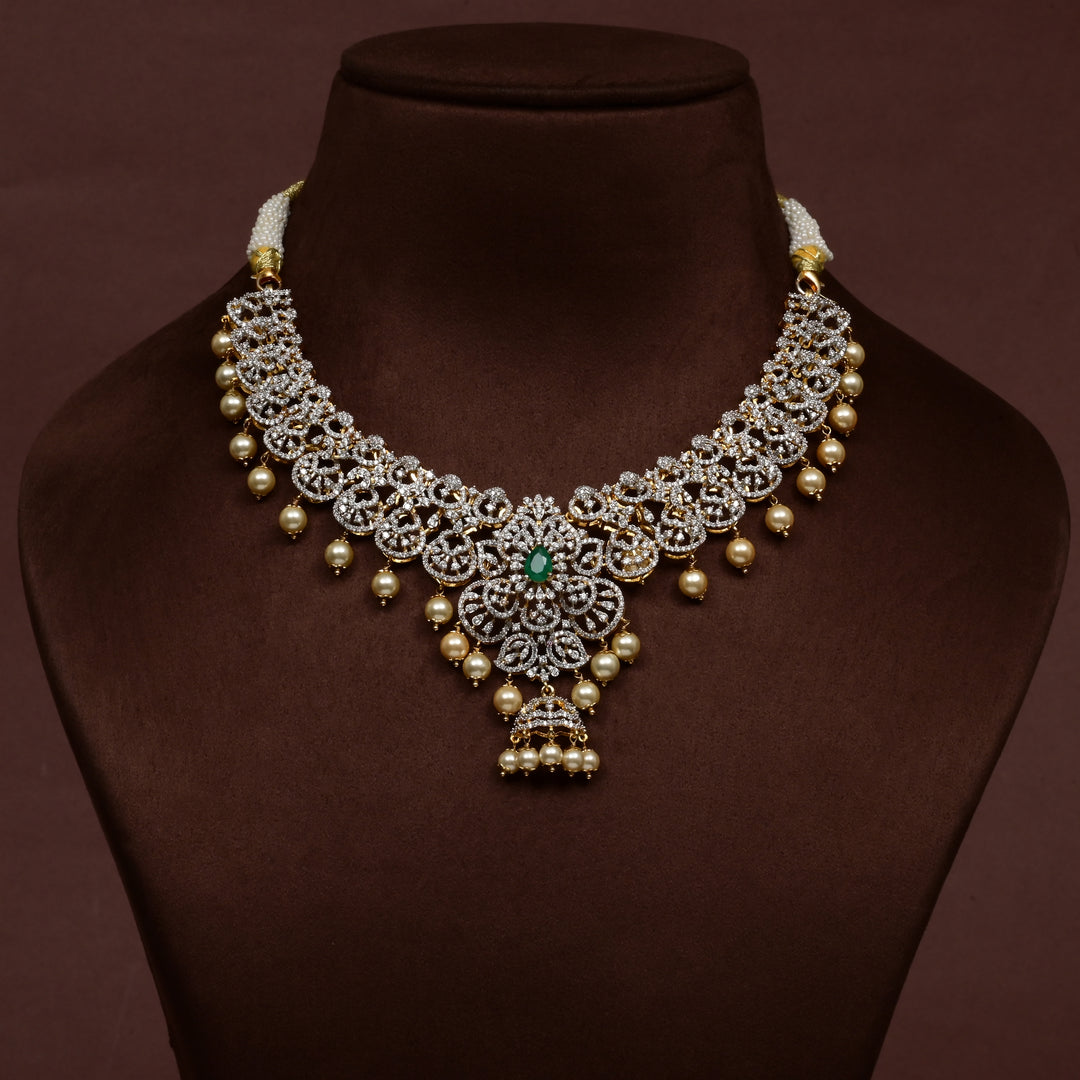 Hriday collection of  92.5 silver short necklace with CZ stones, intricate floral motifs, and pendant design for bridal and festive wear by Sri Fine Jewellery, Hyderabad