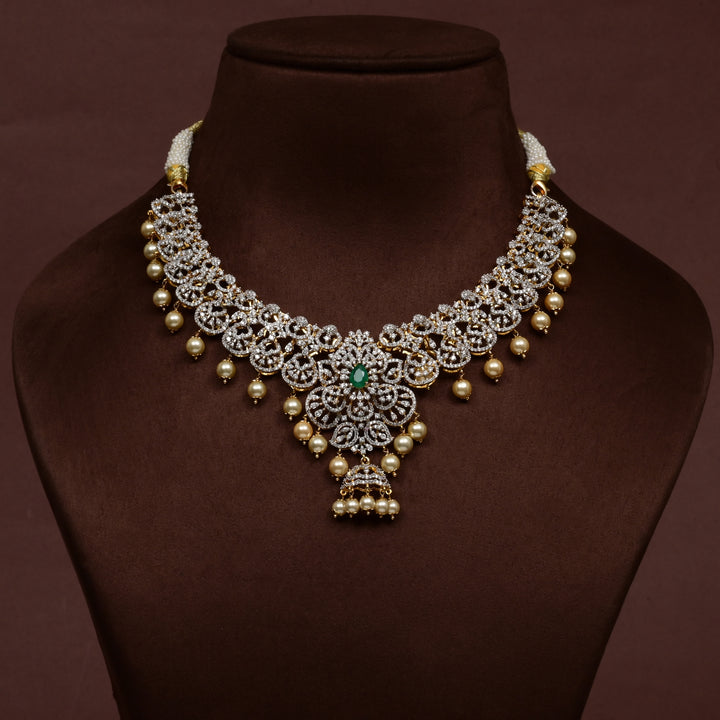 Hriday collection of  92.5 silver short necklace with CZ stones, intricate floral motifs, and pendant design for bridal and festive wear by Sri Fine Jewellery, Hyderabad