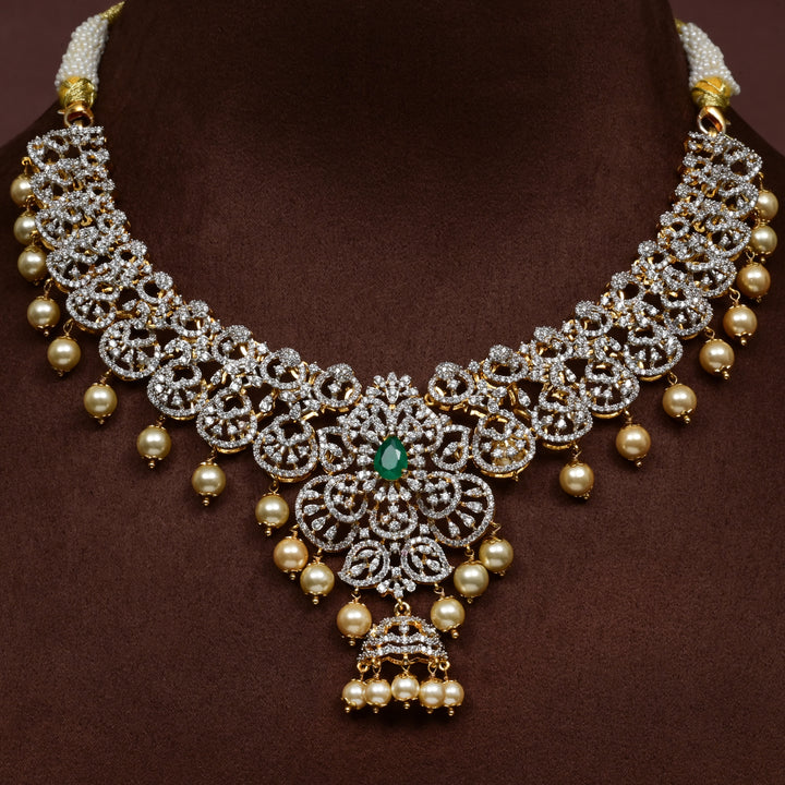Close-up of Hriday collection of  92.5 silver short necklace with CZ stones, intricate floral motifs, and pendant design for bridal and festive wear by Sri Fine Jewellery, Hyderabad