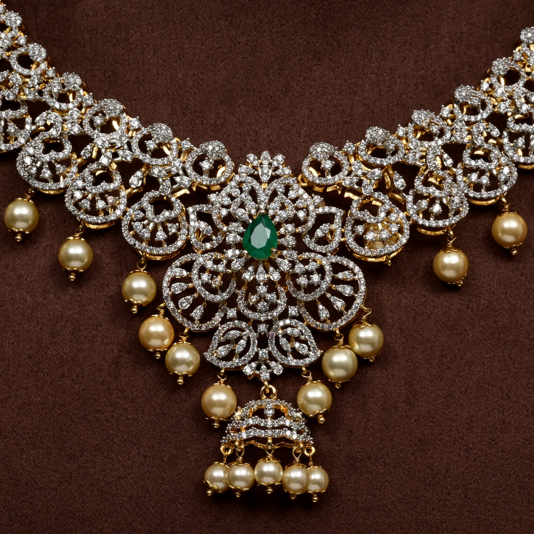 Close-up of Hriday collection of  92.5 silver short necklace with CZ stones, intricate floral motifs, and pendant design for bridal and festive wear by Sri Fine Jewellery, Hyderabad