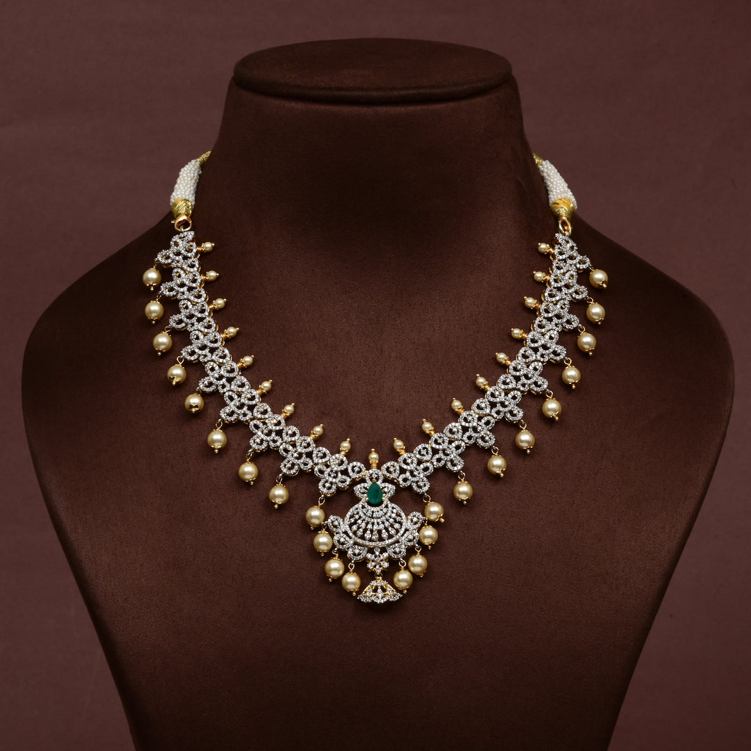  Hriday collection of 92.5 silver short necklace with CZ stones, intricate floral motifs, and pendant design for bridal and festive wear by Sri fine jewellery, Hyderabad.