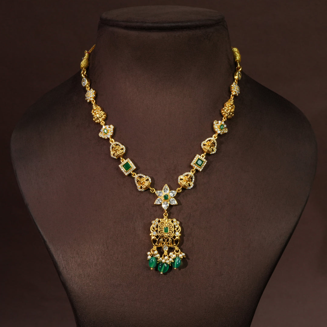 Full view of premium 92.5 silver temple cz necklace with intricate detailing and pearl drops by Sri Fine Jewellery, Hyderabd(https://srifinejewellery.com)