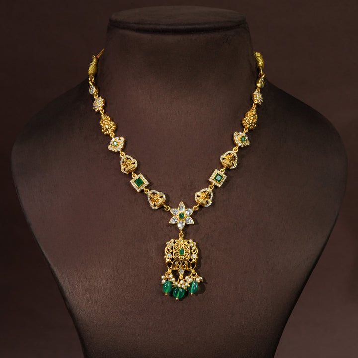 Full view of premium 92.5 silver temple cz necklace with intricate detailing and pearl drops by Sri Fine Jewellery, Hyderabd(https://srifinejewellery.com)