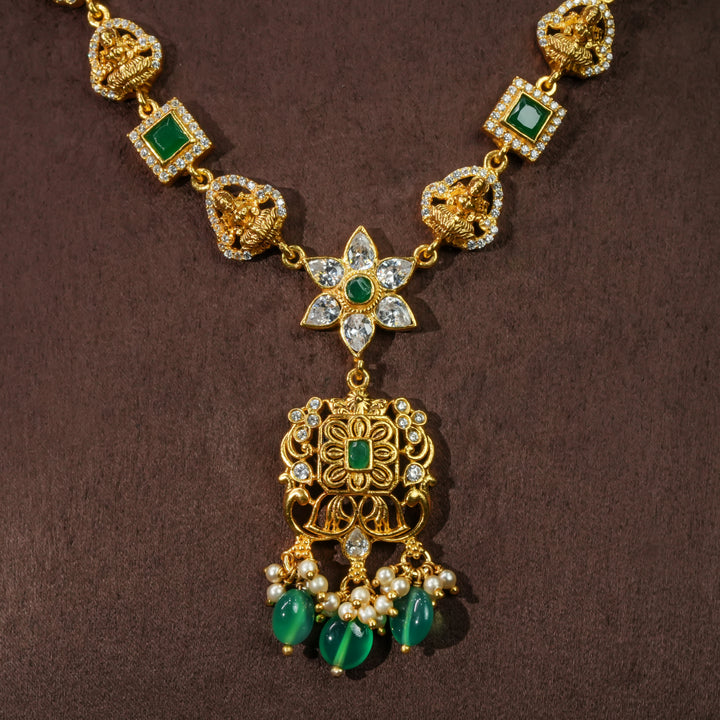 Front close-up view of premium 92.5 silver cz temple necklace with intricate detailing and pearl drops by Sri Fine Jewellery, Hyderabd(https://srifinejewellery.com)