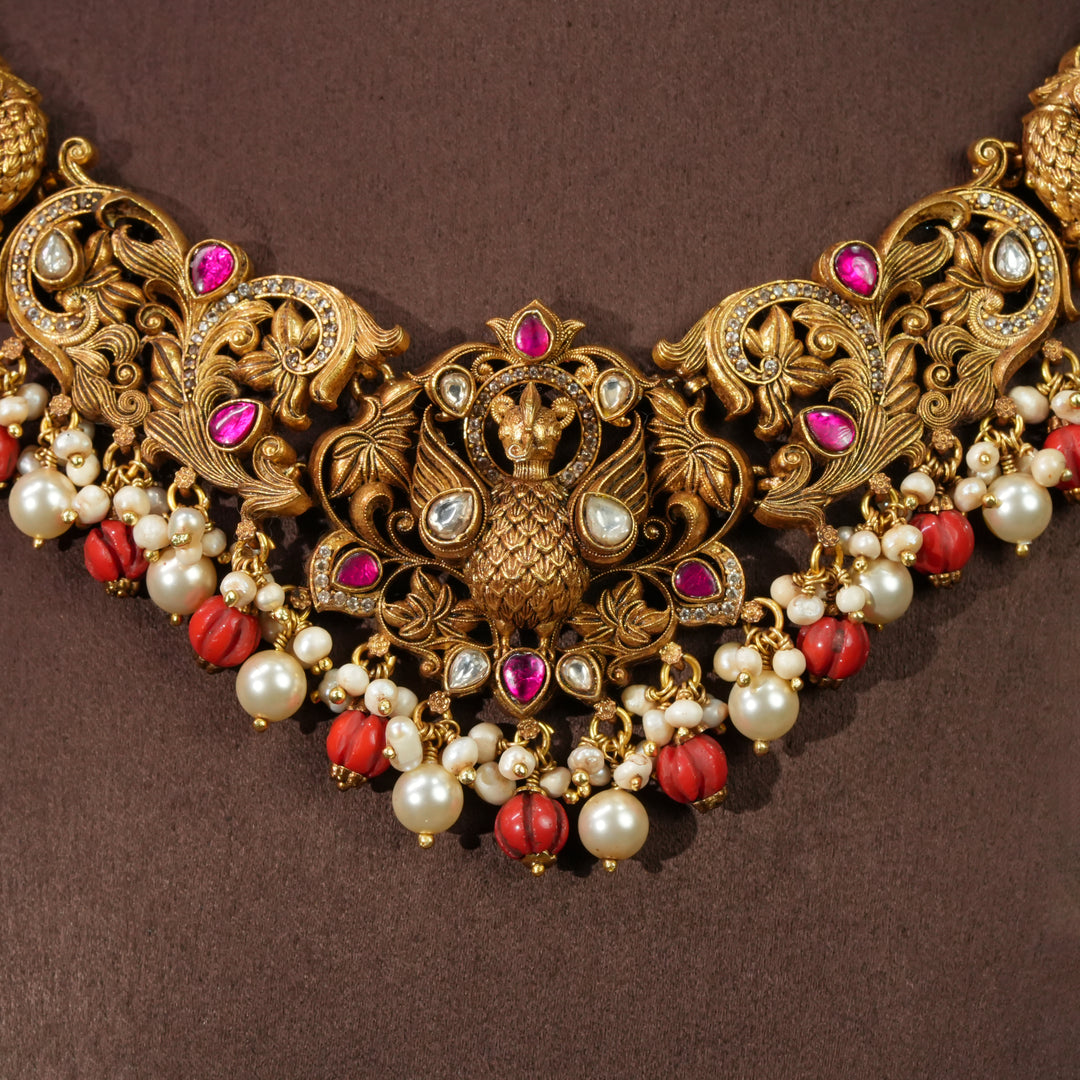 Front close-up view of premium 92.5 silver temple necklace with intricate detailing and pearl drops by Sri Fine Jewellery, Hyderabd(https://srifinejewellery.com)