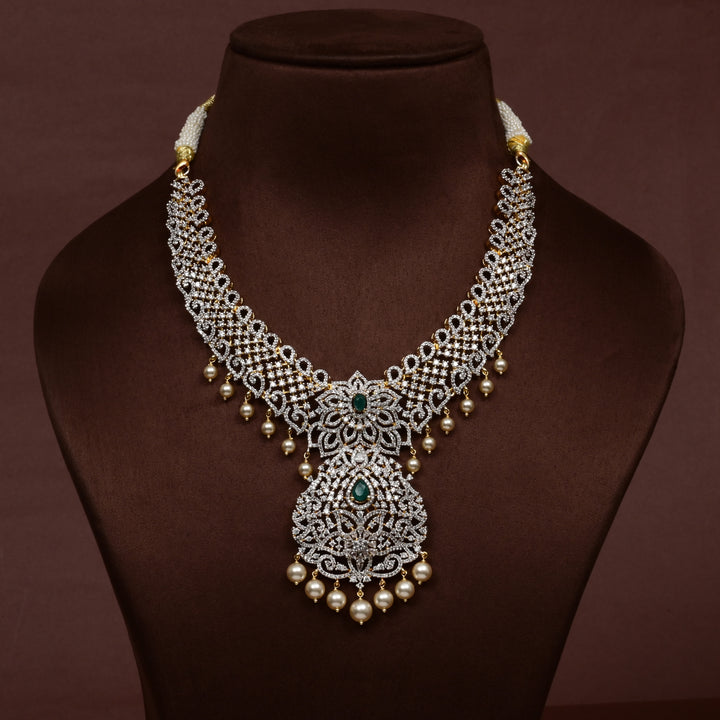 Hriday collection of  92.5 silver short necklace with CZ stones, intricate floral motifs, and pendant design for bridal and festive wear by Sri Fine Jewellery, Hyderabad