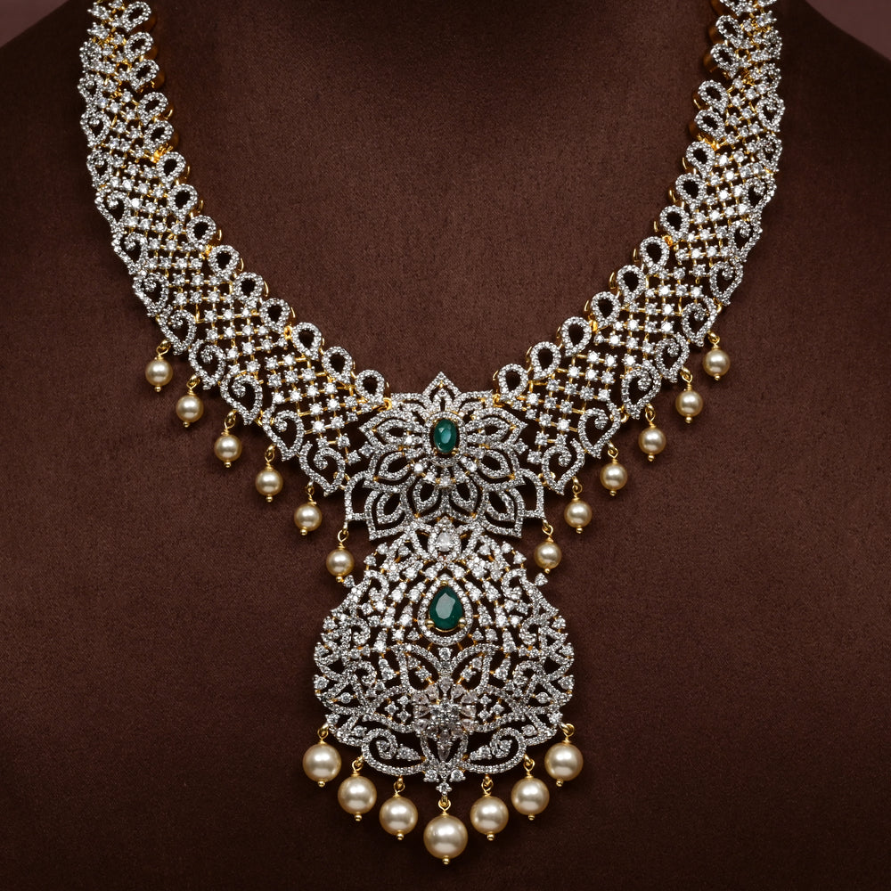 Close-up of Hriday collection of  92.5 silver short necklace with CZ stones, intricate floral motifs, and pendant design for bridal and festive wear by Sri Fine Jewellery, Hyderabad