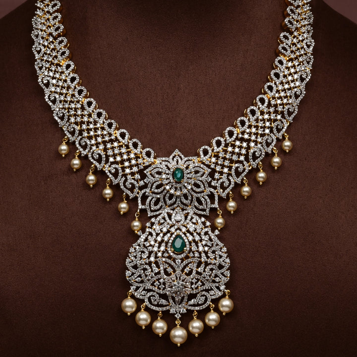 Close-up of Hriday collection of  92.5 silver short necklace with CZ stones, intricate floral motifs, and pendant design for bridal and festive wear by Sri Fine Jewellery, Hyderabad