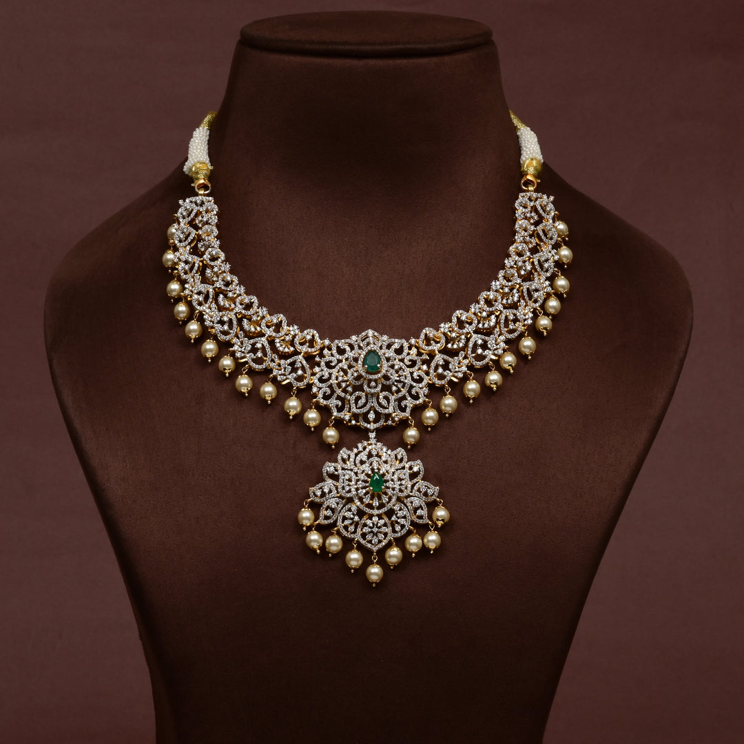 Hriday collection of 92.5 silver short necklace with CZ stones, intricate  design for bridal and festive wear by Sri fine jewellery, Hyderabad.
(https://www.srifinejewellery.com)