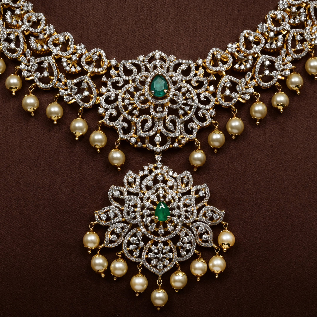 Close-up of Hriday collection of 92.5 silver short necklace with CZ stones, intricate  design for bridal and festive wear by Sri fine jewellery, Hyderabad.
(https://www.srifinejewellery.com)