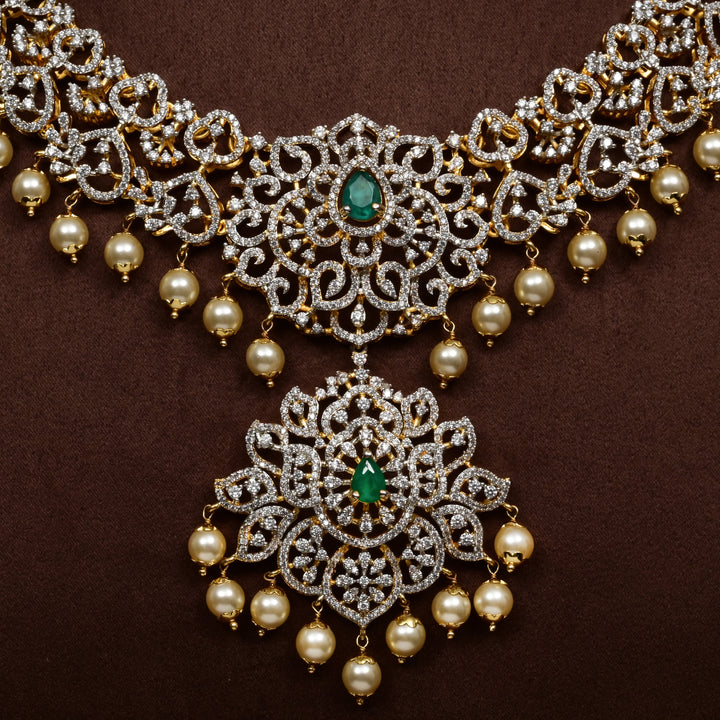 Close-up of Hriday collection of 92.5 silver short necklace with CZ stones, intricate  design for bridal and festive wear by Sri fine jewellery, Hyderabad.
(https://www.srifinejewellery.com)