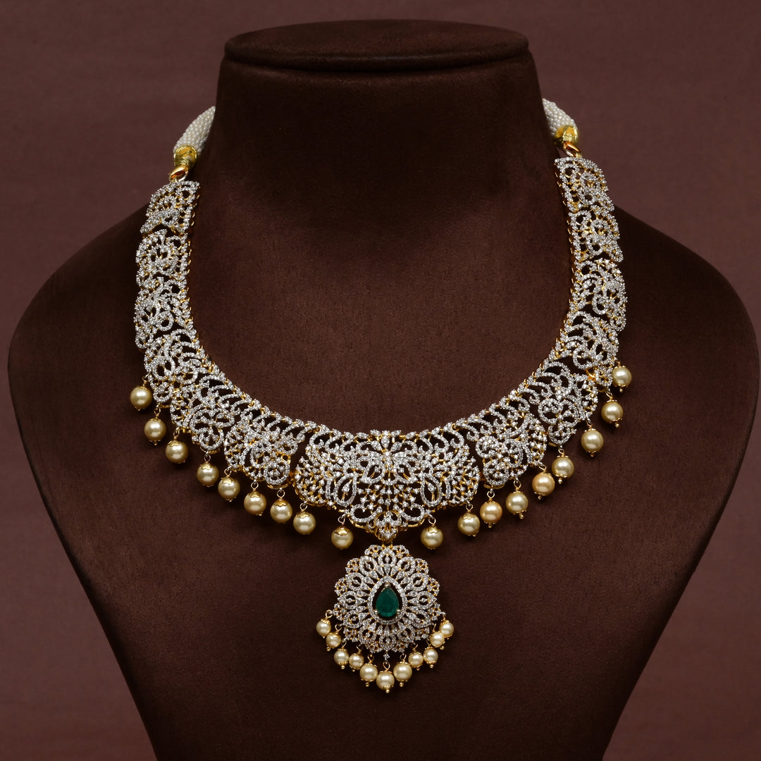 Hriday collection of 92.5 silver short necklace with CZ stones, intricate floral motifs, and pendant design for bridal and festive wear by Sri fine jewellery, Hyderabad.