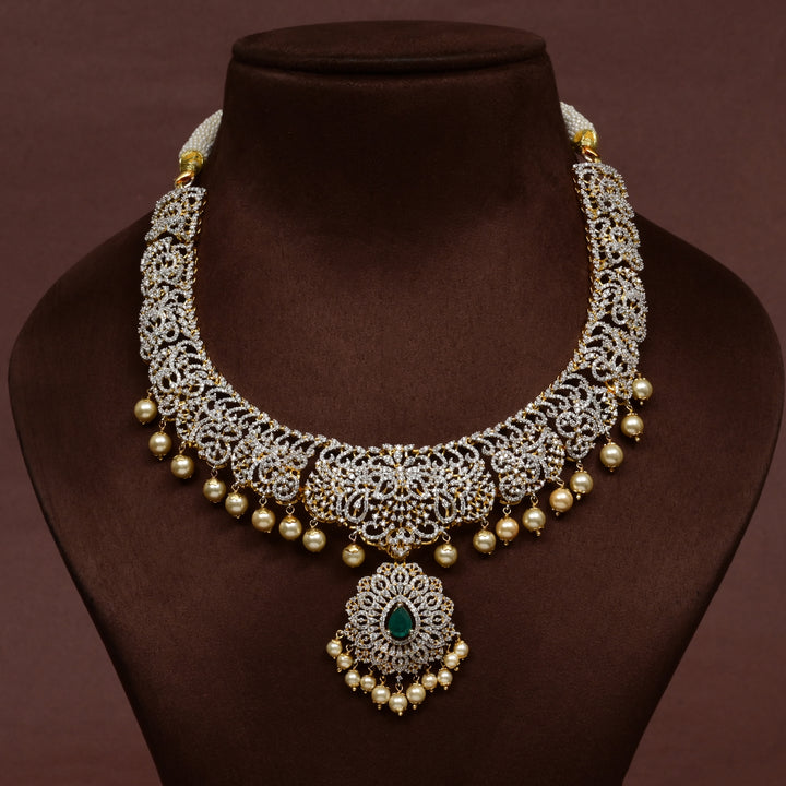 Hriday collection of 92.5 silver short necklace with CZ stones, intricate floral motifs, and pendant design for bridal and festive wear by Sri fine jewellery, Hyderabad.