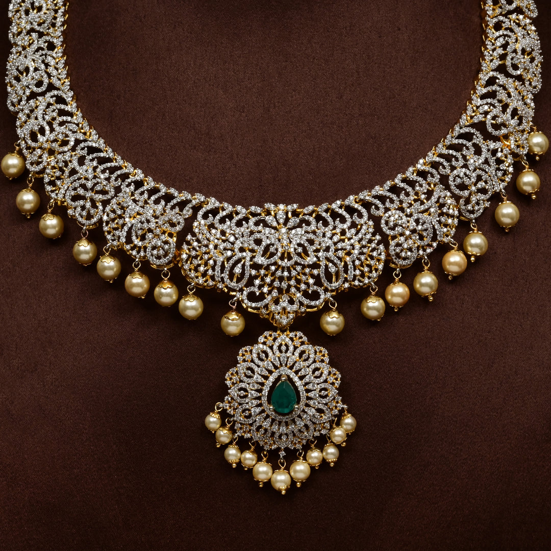Close-up of Hriday collection of 92.5 silver short necklace with CZ stones, intricate floral motifs, and pendant design for bridal and festive wear by Sri fine jewellery, Hyderabad.