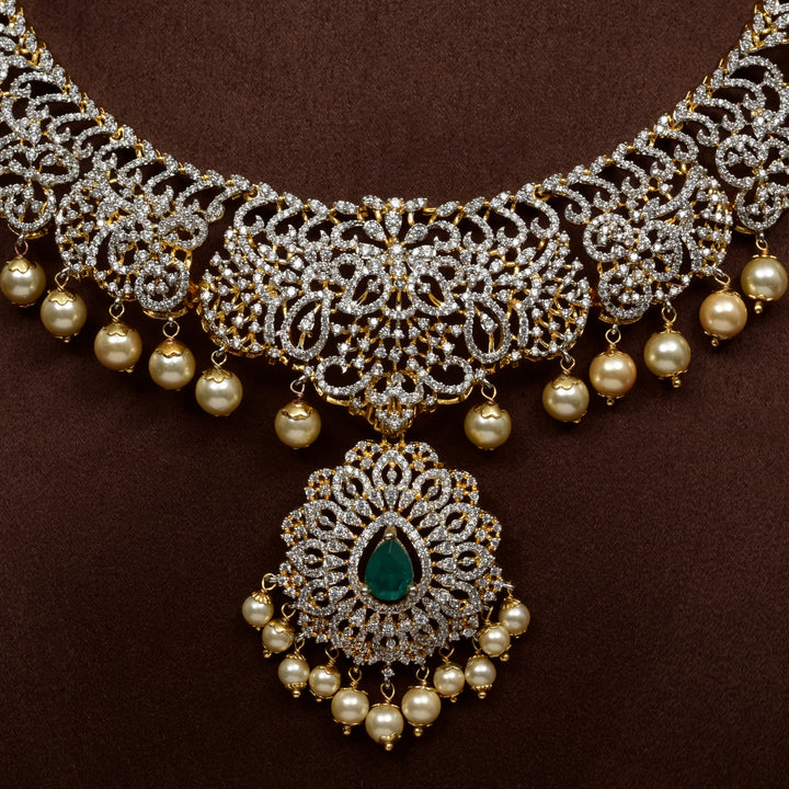Close-up of Hriday collection of 92.5 silver short necklace with CZ stones, intricate floral motifs, and pendant design for bridal and festive wear by Sri fine jewellery, Hyderabad.
