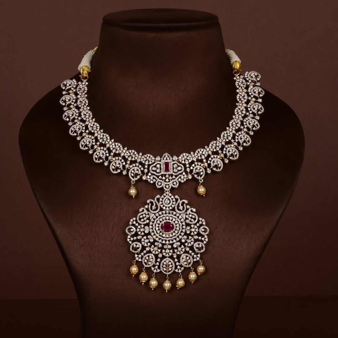 Hriday collection of 92.5 silver short necklace with CZ stones, intricate  design for bridal and festive wear by Sri fine jewellery, Hyderabad.
(https://www.srifinejewellery.com)