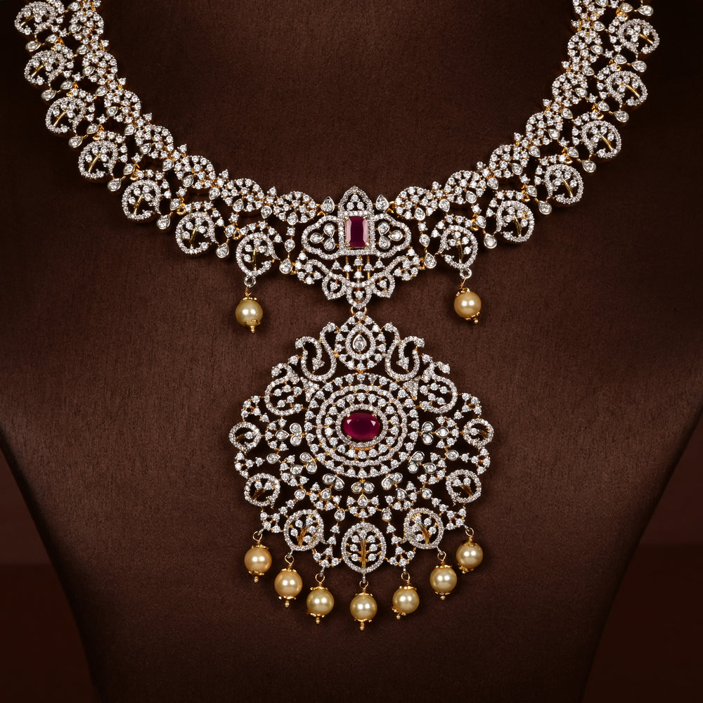 Hriday collection of 92.5 silver short necklace with CZ stones, intricate  design for bridal and festive wear by Sri fine jewellery, Hyderabad.
(https://www.srifinejewellery.com)