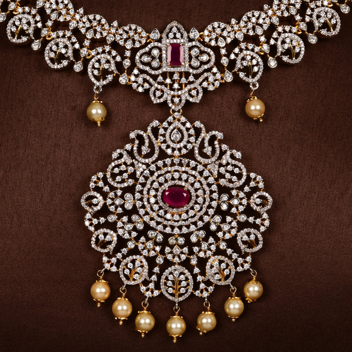 Close-up of Hriday collection of 92.5 silver short necklace with CZ stones, intricate  design for bridal and festive wear by Sri fine jewellery, Hyderabad.
(https://www.srifinejewellery.com)