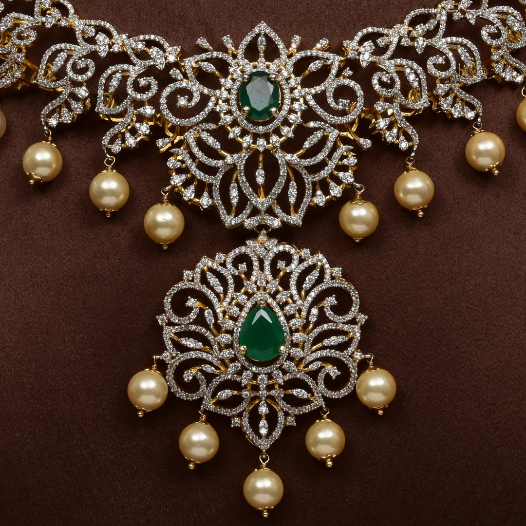 Close-up of Hriday collection of 92.5 silver short necklace with CZ stones, intricate  design for bridal and festive wear by Sri fine jewellery, Hyderabad.
(https://www.srifinejewellery.com)