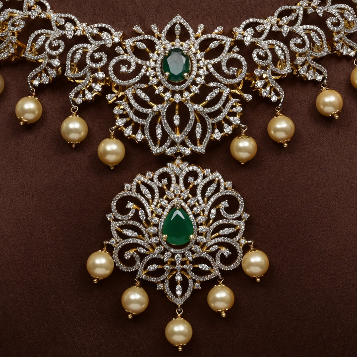 Close-up of Hriday collection of 92.5 silver short necklace with CZ stones, intricate  design for bridal and festive wear by Sri fine jewellery, Hyderabad.
(https://www.srifinejewellery.com)