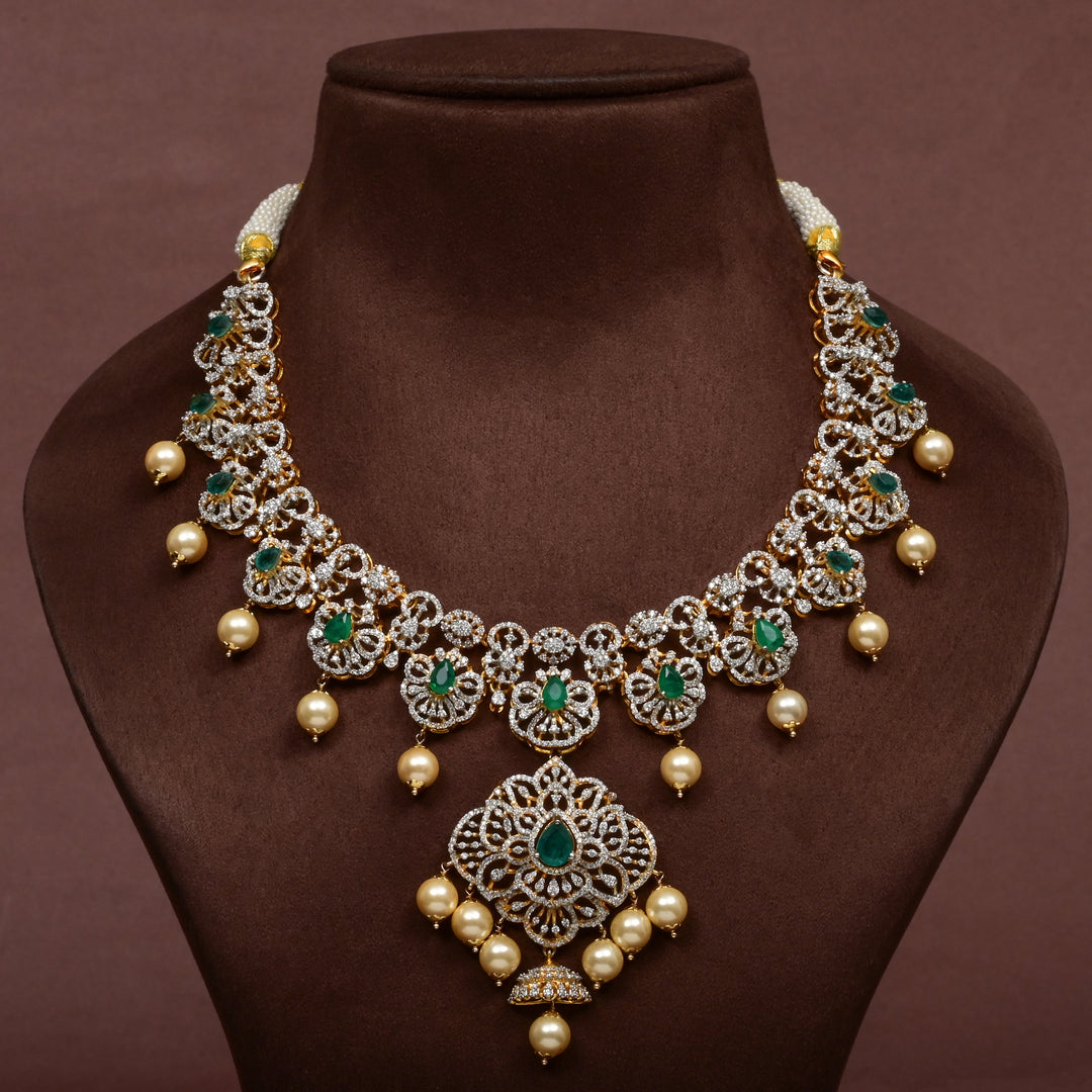 92.5 Silver Emerald CZ Necklace Set with Pearls for women | Sri Fine Jewellery Hyderabad